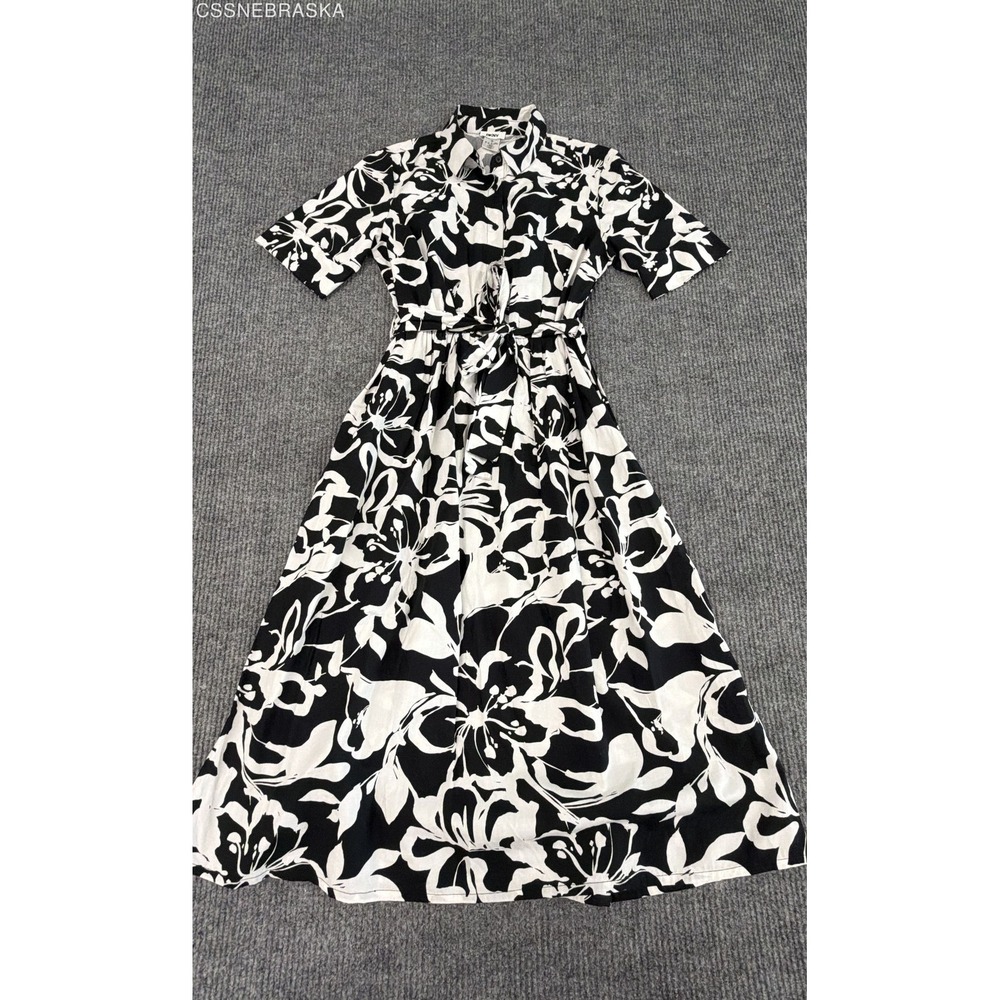 DKNY Women Black White Floral Cotton Poplin Midi Shirt Dress Size 8